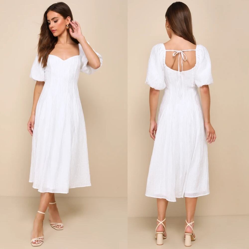 Lulu’s Heavenly Energy White Textured Puff Sleeve Pleated Midi Dress